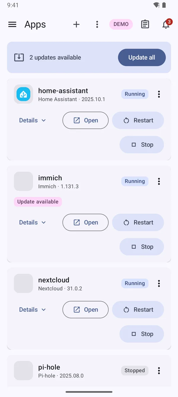 Apps screen showing Home Assistant, Immich and Nextcloud running, with an update-all banner