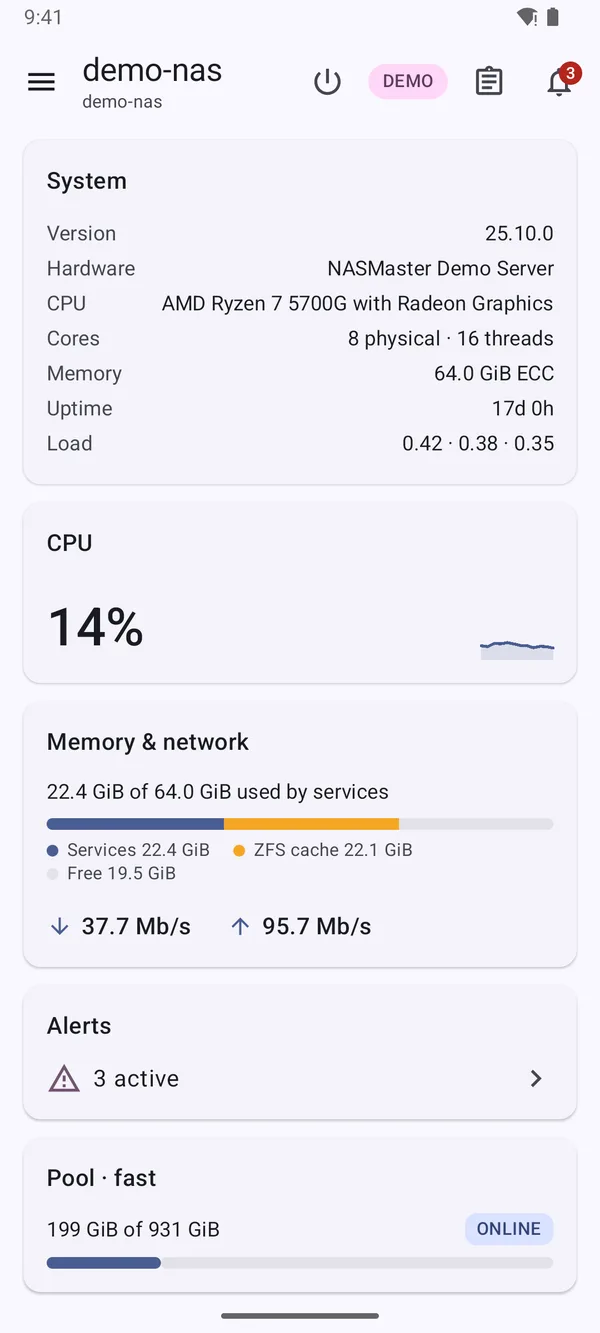 NASMaster dashboard with system details, live CPU, memory and network, alerts and pool usage