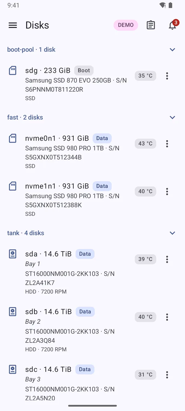 Disks screen listing the boot pool, a two-disk NVMe pool and a four-disk HDD pool with model, serial and temperature