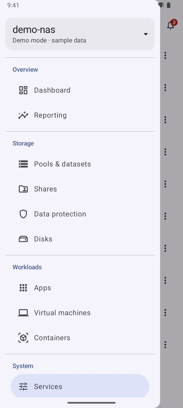 Side menu grouping Dashboard and Reporting, Storage, Workloads and System