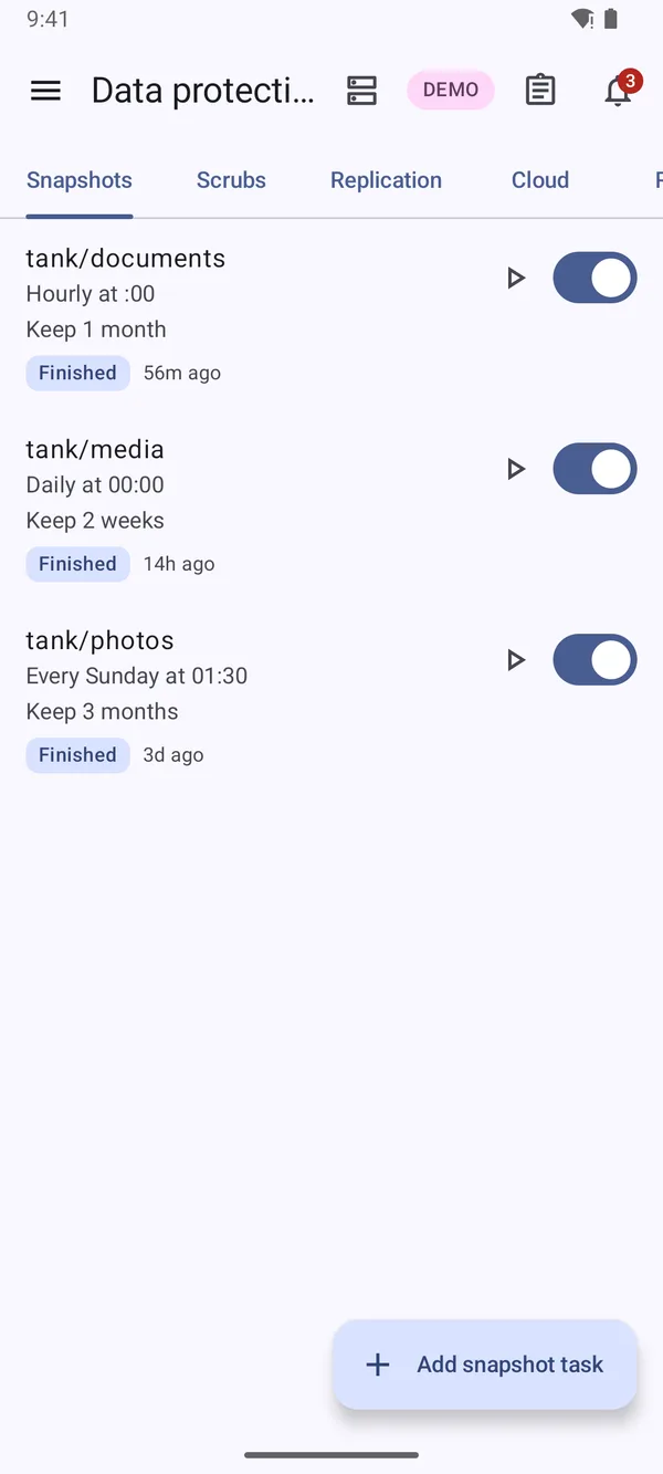 Data protection screen with snapshot tasks, their schedules, retention and last-run state