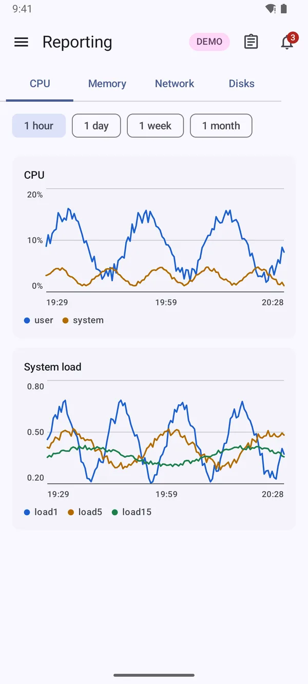 Reporting screen with CPU and system load charts over the last hour