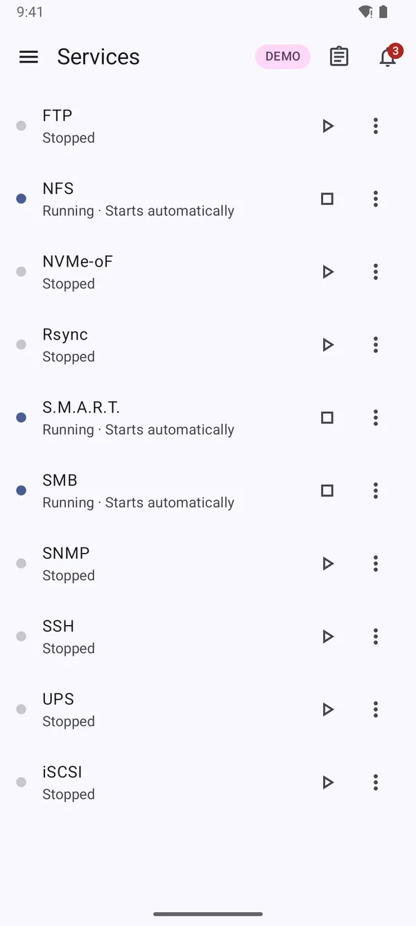 Services screen with SMB, NFS and S.M.A.R.T. running and other services stopped