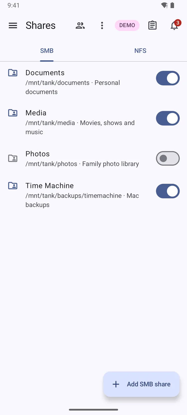 Shares screen listing four SMB shares with enable switches